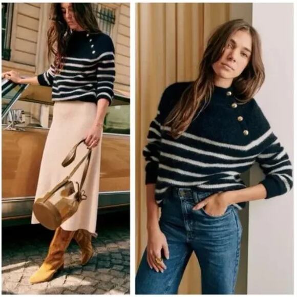 Sezane Trudy Jumper Striped Sweater Navy Ecru Mohair Merino Wool Blend Small - Picture 1 of 9